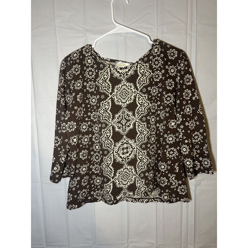 Talbots Pima Cotton Top Large L Brown Cream Medallion Print Geometric 3/4 Sleeve
